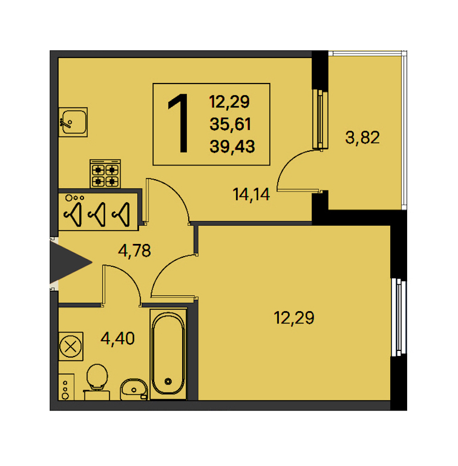 1-комнатная квартира 35.61 м², 1/4 эт., ЖК «Любоград в Стрельне»